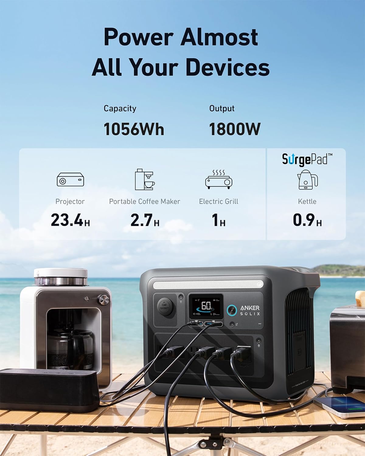 SOLIX C1000 Portable Power Station with 200W Solar Panel, 1800W Solar Generator, 1056wh LFP (LiFePO4) Battery, 6 AC Outlets, Up to 2400W for Home, Power Outages, and Outdoor Camping