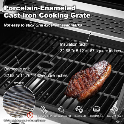 Upgraded 4 Burner BBQ Propane Gas Grill with Cast Iron Grates & Side Stove, 44,000 BTU Stainless Steel Burner Barbecue Grill for Patio, Camping, Outdoor Cooking MELLCOM