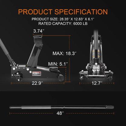 3 Ton Floor Jack Hydraulic Heavy Duty Steel Car Jack with Quick Lift Dual Pump,Black,W8303-B